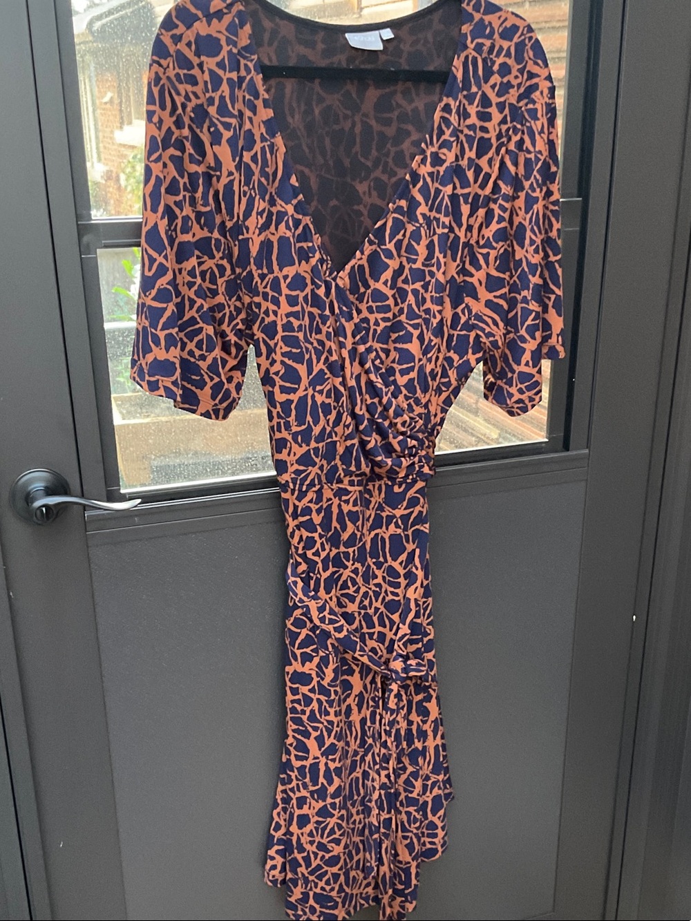 eshakti Navy and Rust Abstract Print Midi Wrap Dress